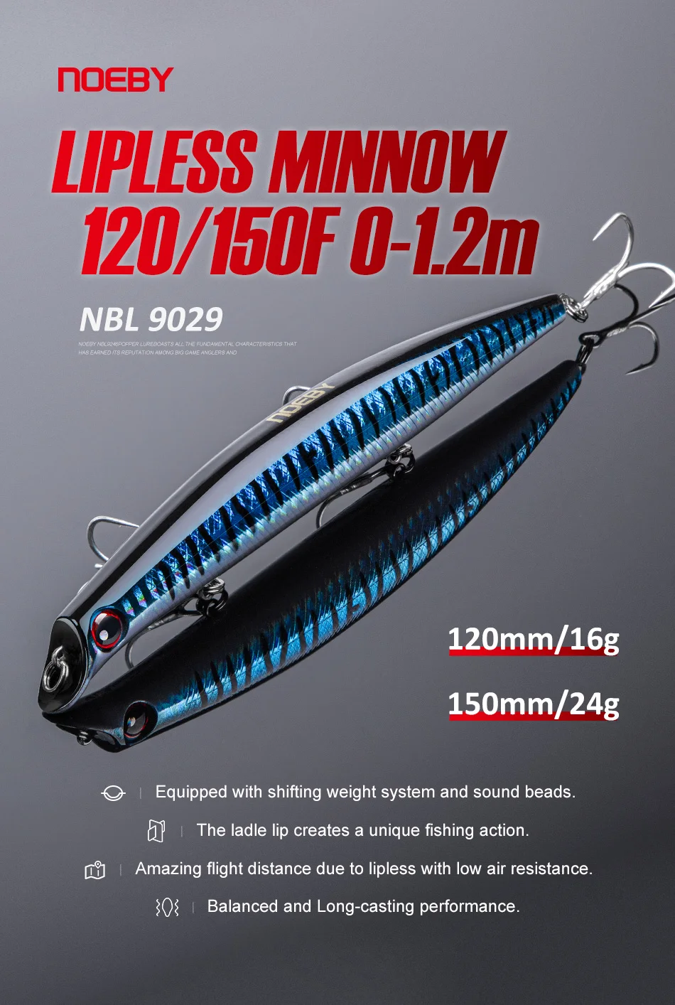 Noeby Sasuke Lipless Angelköder, 120 mm, 16 g, 150 mm, 24 g, schwimmende Minnow-künstliche harte Köder für Hechtbarsch, Salzwasser-Angelköder – Detail 4