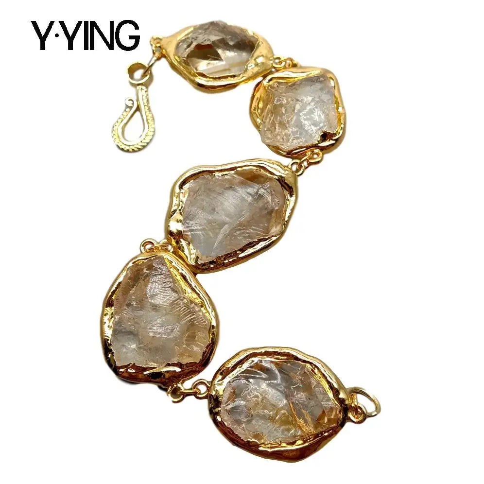 

Y·YING Natural Citrines Raw Rough nugget pave With Gold color Plated Edge Bracelet 8.5" vintage style for women