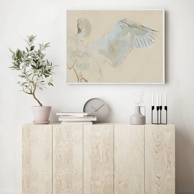 ملصق على شكل بجعة مع طيور ، رسم ، قماش ، لوحة ، حياة برية ، طباعة بجعة ، لوحة جدارية بيضاء محايدة ، ديكور منزلي