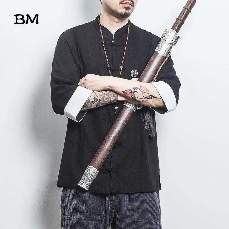Chinese Style Shirt Ancient Style Wu Dang Clan Cotton Linen Buckle Short Sleeves Men Solid Color Tang Suit Summer Clothing