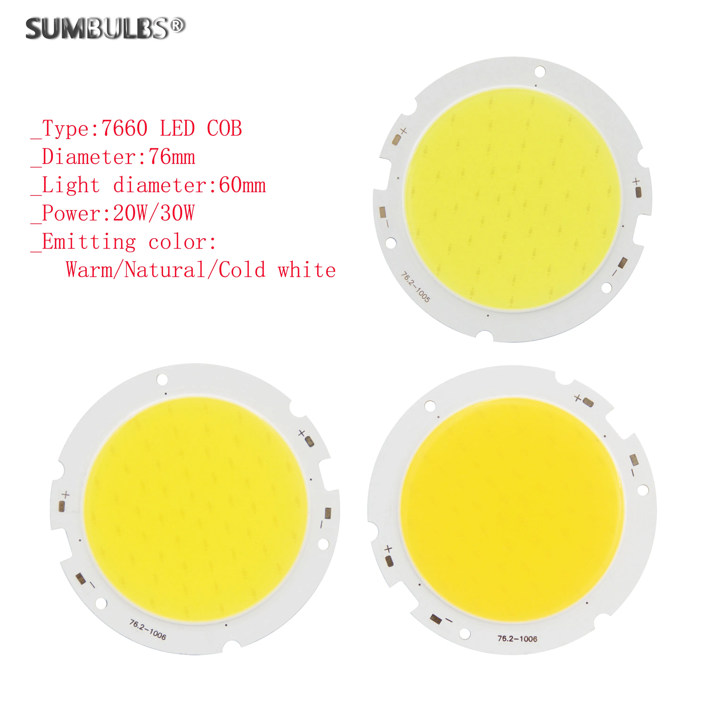 Sumbulbs 7660 LED COB Chip Light Source for Down Lamp 20W 30W DC 30V-33V Natural Warm Cold White for DIY Lighting