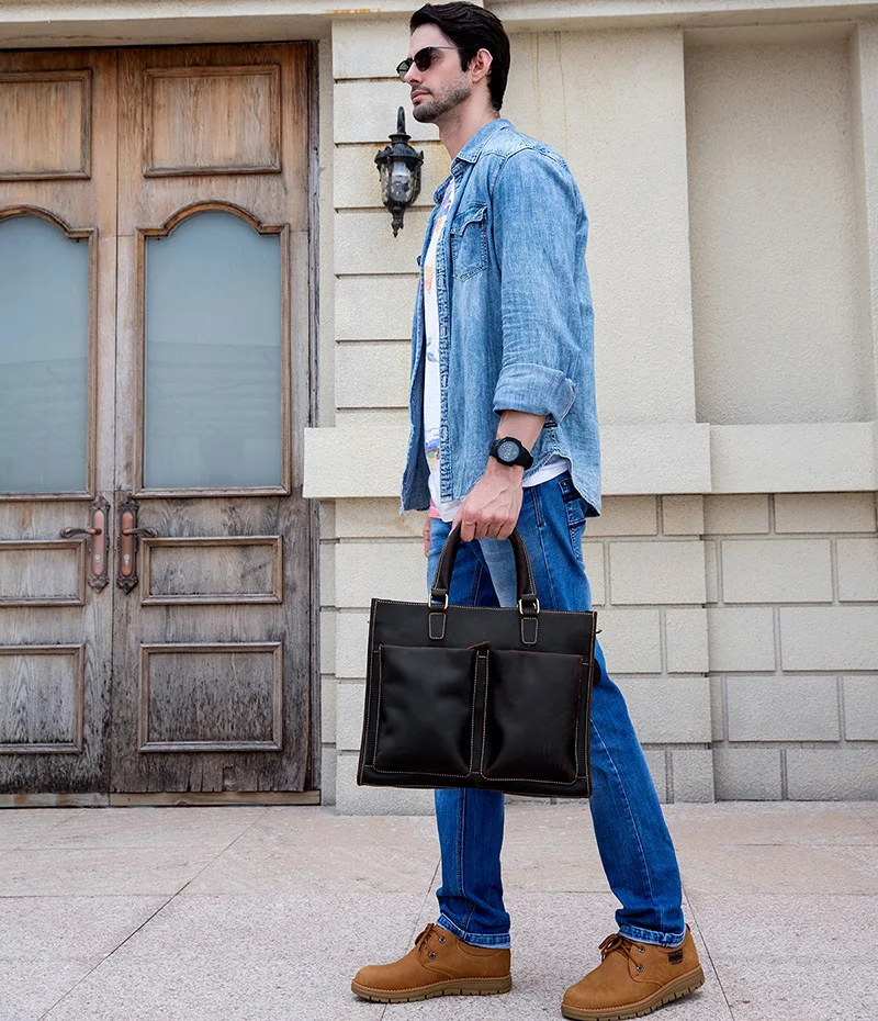 Newsbirds Mens Leather Handbag 15.6 Inch PC Notebook Laptop Briefcase Shoulder Bag 100% Cowhide Man Bag Male Business Bag