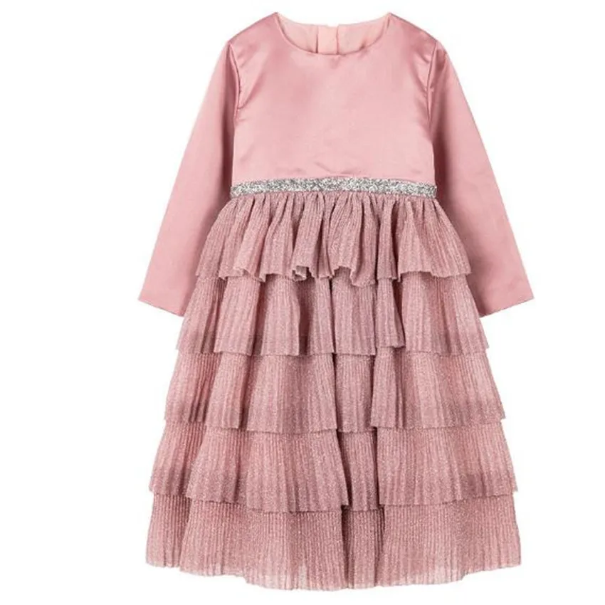

Baby girl autumn winter Shiny diamond stitching pleated dress children vintage high waist birthday party layered princess dress