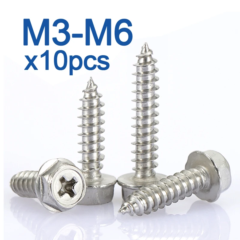 

10pcs/lot M3 M4 M5 M6 Phillips Driving Hexagon Head Flange Self Tapping Screws With Washer 304 Stainless Steel Cross