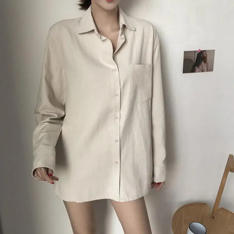 ZHISILAO New Solid Oversize Blouse Women Cotton Linen Office Lady Beige Casual Long Sleeve Shirts 2021 Tops Streetwear