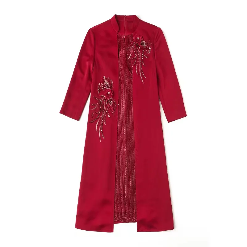 Robes de mère de la mariée deux pièces trempées, veste Cheongsam occidentale noble, satin bordeaux, manches longues au genou, soirée, quoi que ce soit