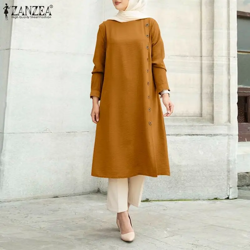 Женская мусульманская блузка ZANZEA с длинным рукавом, повседневные женские топы, туника, блузы, свободная рубашка, марокканская Турецкая Однотонная рубашка