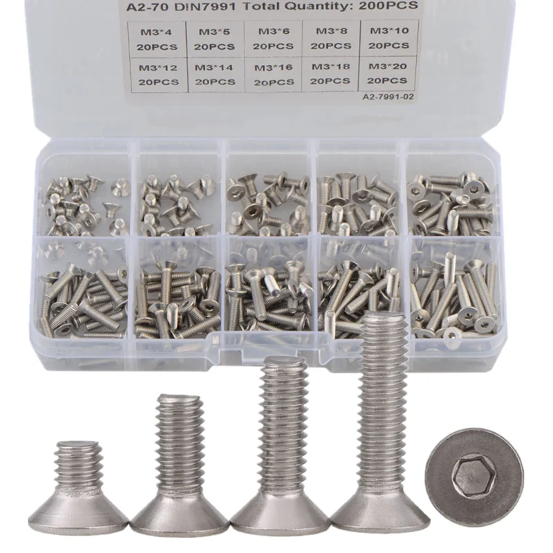 

200pcs M3 304 Stainless Steel Hexagon Hex Socket Countersunk Flat Head Screw Combination Set Allen Bolts Kit DIN7991