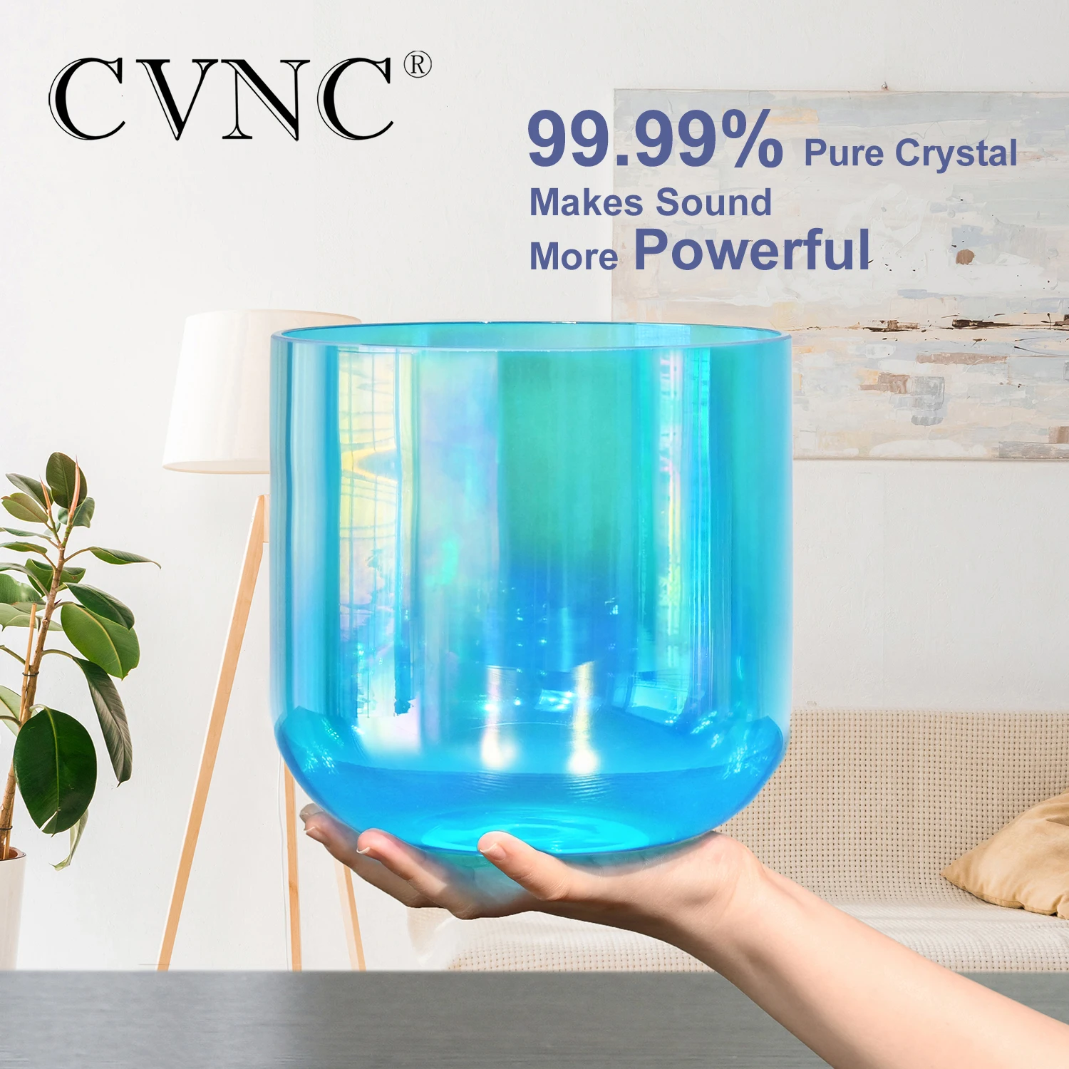 CVNC 7 Inch 440/432HZ Alchemy Clear Quartz Crystal Singing Bowl Blue with Cosmic Light for therapy Sound Healing with Mallet