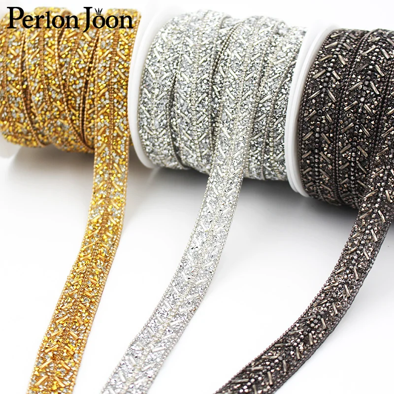 New 1.8cm Wide gold gue Rhinestone Tape Hot Crystal Webbing Geometric Design Clothing Decoration Accessories TR056