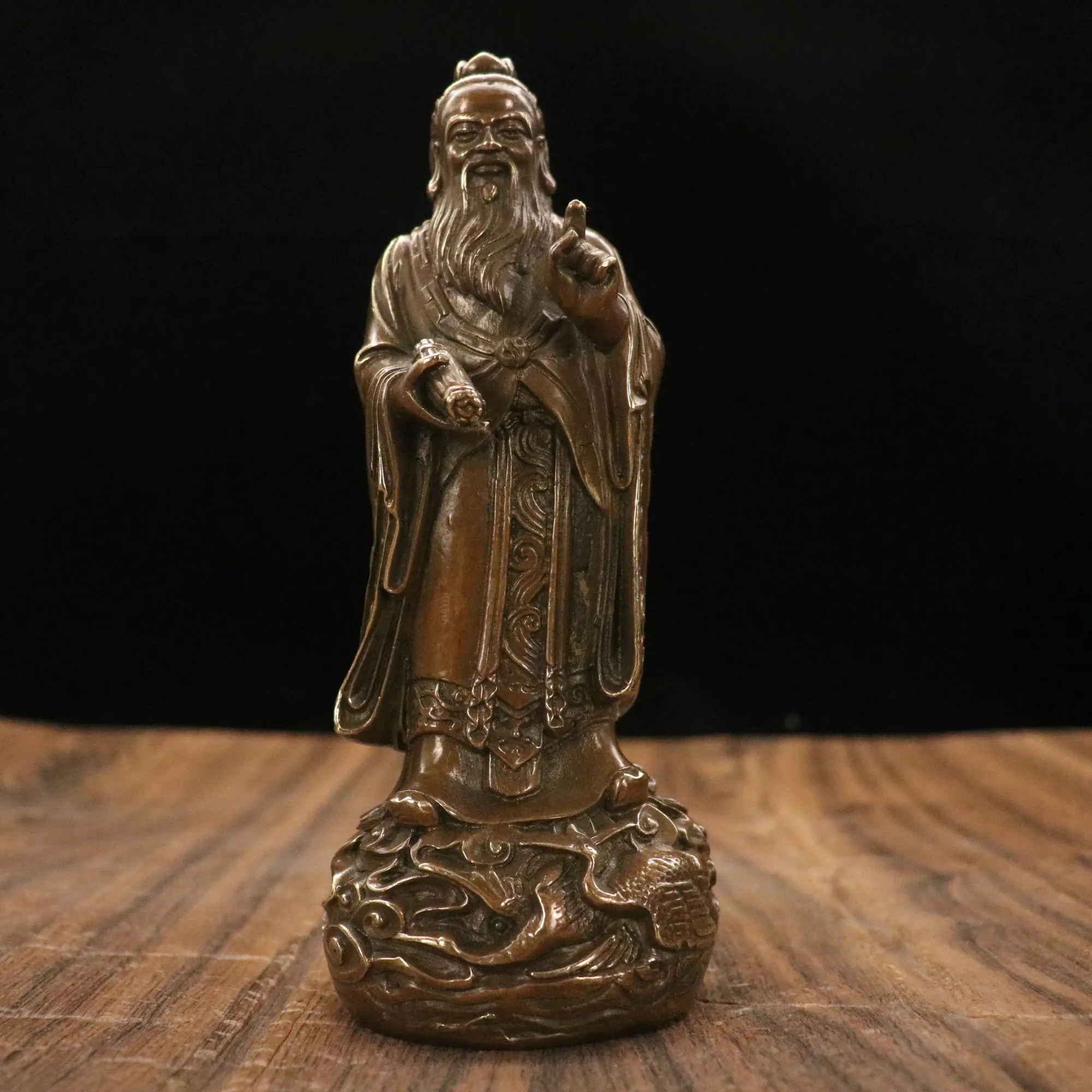 

7"Tibetan Temple Collection Old Bronze Lao Tzu Statue Laozi's mission One finger day Moral heaven Ornaments Town House Exorcism