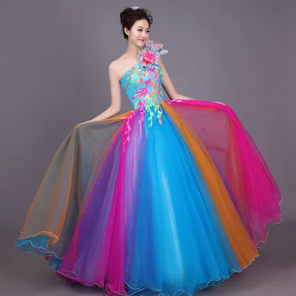 elegant long chinese folk costume DJ Show festival One-shouldered sexy colourful gost wedding dance party evening dress