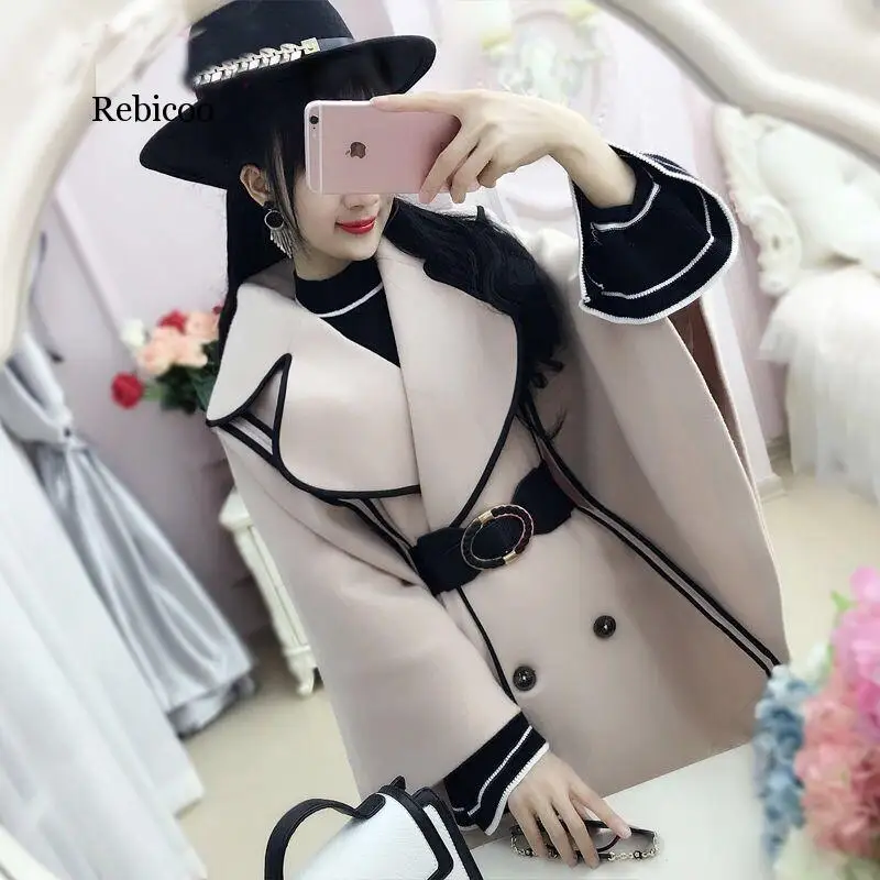 

winter new female coat youth ageing black side bat type lapel slim waist belt woolen coat tide