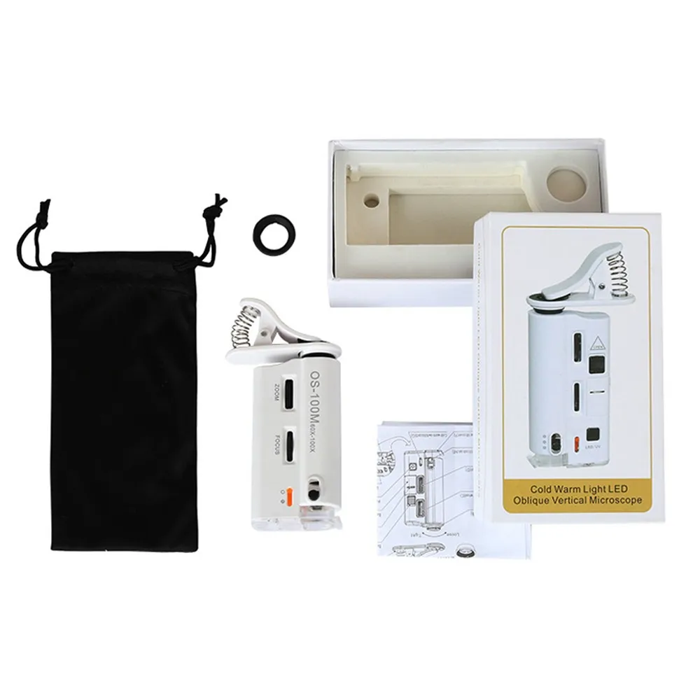 60-100X Cold-warm Light LED Cell Phone Microscope Universal Clip-type Microscope Magnifier with LED/UV Lamp Magnifiers