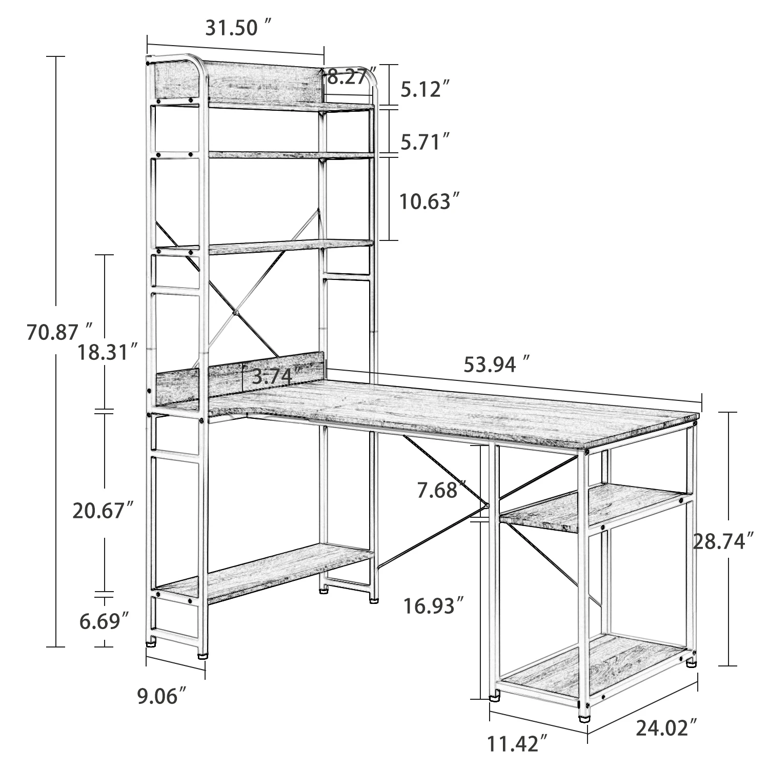 Home Office Computer Desk PC Laptop Study Table Metal Frame & MDF Board with 5 Tier Open Bookshelf Plenty Storage Space 3-Color