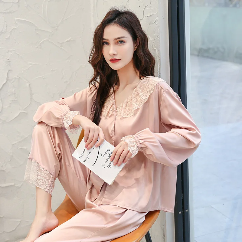 

Women 2PCS Rayon Pajamas Set Sweet Lace Turn-Down Collar Pyjamas Suit Bud Sleeve Shirt&Pant Sleepwear Spring Underwear Nightwear