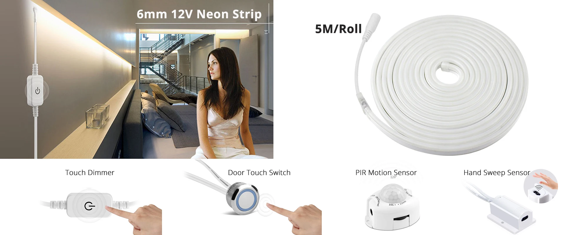 6mm Flexible LED Neon Strip Light With Power Adapter Touch Dimmer Hand Sweep PIR Motion Sensor Switch Set