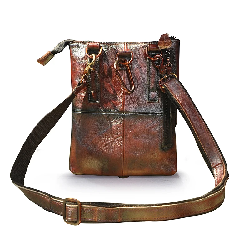 Leather Male Casual Design Brown Shoulder Messenger bag Multifunction Fashion Travel Hook Belt Waist bag Small Pouch Men 6574-d