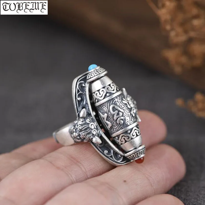 

100% 999 Silver Tibetan Turning Wheel Ring Tibetan Six Words Proverb Ring Buddhist OM Ring Good Luck Rings