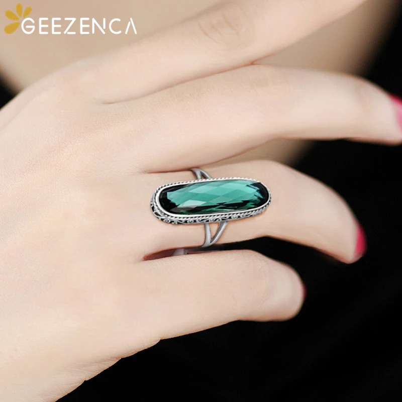 925 Sterling Silver Green Crystal Smoky Quartz Women\'s Ring  K-pop Trendy Big Resizable Gemstone Rings Fine Jewelry Gift Party