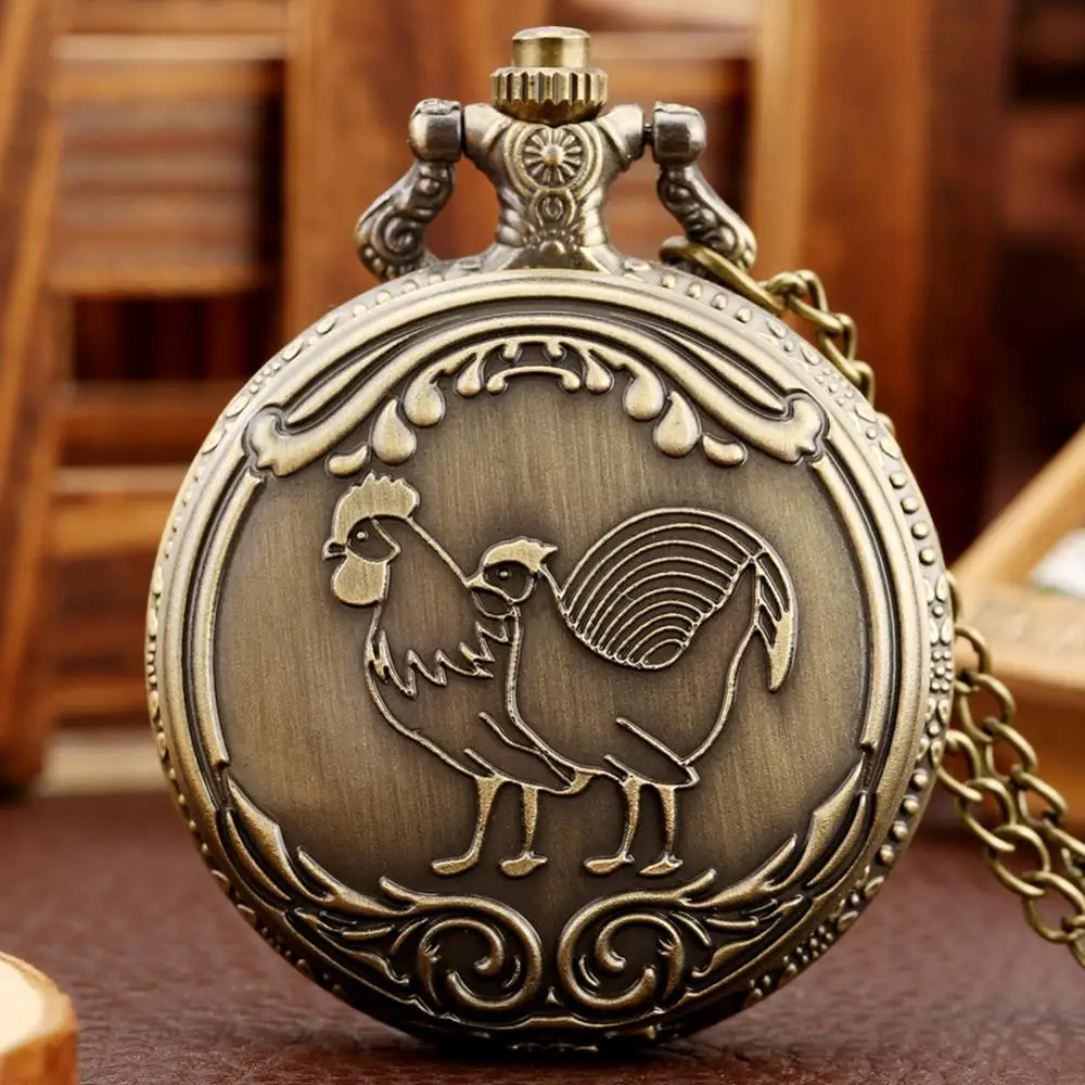 Bronze Rooster Hen Cover Display orologio da tasca al quarzo quadrante bianco Retro ciondolo Fob Clock Vintage coppia Pocket Chain Clock Gifts