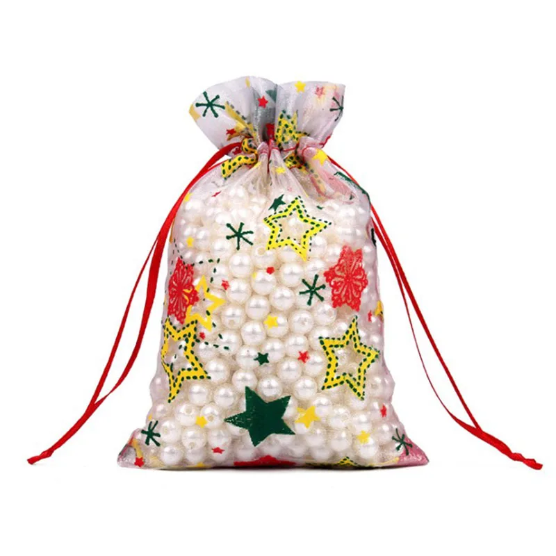 

50pcs Santa Claus Christmas tree snowman Organza Bag Gauze Element Jewelry Bags Packaging Drawable Organza Gift Bags Pouch