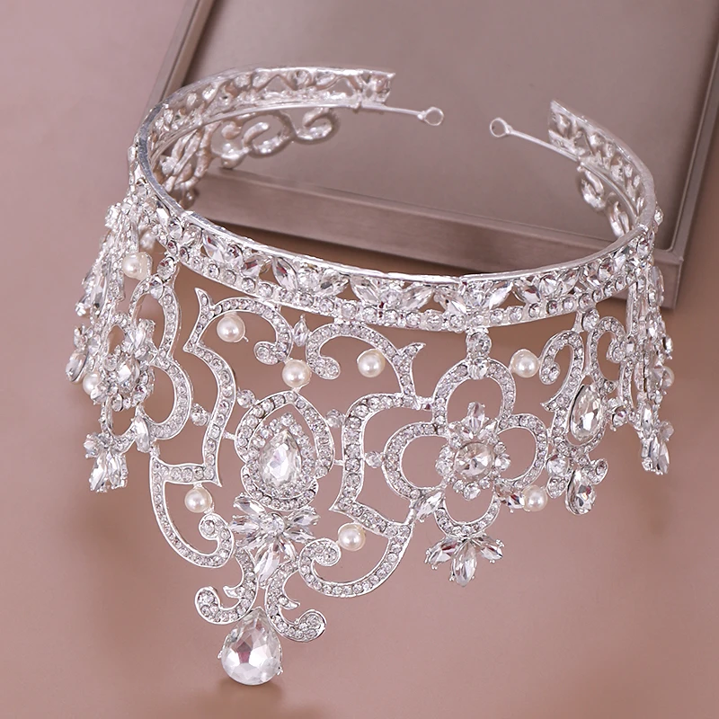 Perla di cristallo Vintage barocca grande diadema corona diadema regina re testa gioielli diademi da sposa accessori per capelli da sposa ornamenti