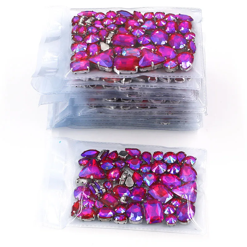 Best seller Wholesale 5 bags mixed shape sew on glass Red AB silver base rhinestones diy dress/Clothing accessories