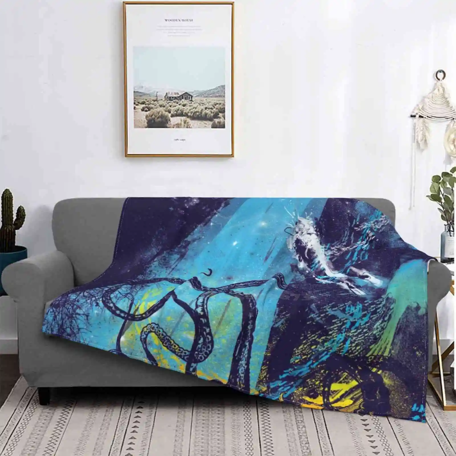 Danger Air Conditioning Blanket Travel Portable Blanket Scuba Sea Blue Octopus Jellyfish Diver Deep Sea Pink Yellow Fishes