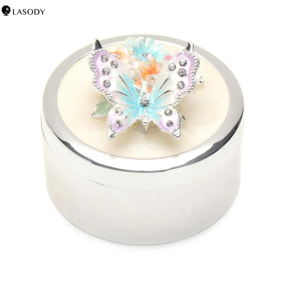 Silver Border Zinc Alloy Memory Trinket Box with  Butterfly Jewelry Box Trinket Box with Rhinestones Beautiful Gift Hand Painted