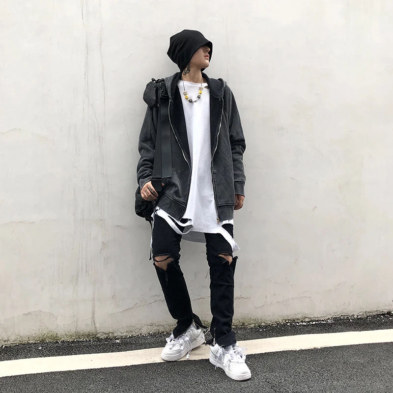 2021 new spring and autumn men high street wind hoodie male hip hop loose with hat trend washed gray cardigan zipper coat