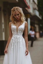 Customized Ivory Boho Wedding Dress Sexy Backless V-Neck Appliques Lace Tulle Beach Bridal Dress Simple Wedding Gowns 2026