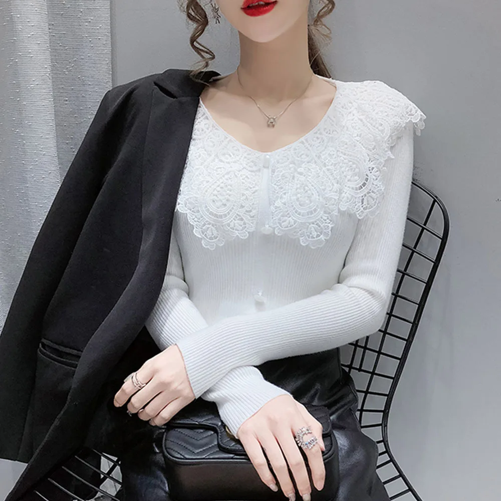 Sweet Autumn Spring Style Women Knitted Pullover Tops Lady Casual Long Sleeve Peter Pan Collar Sweater Pullover