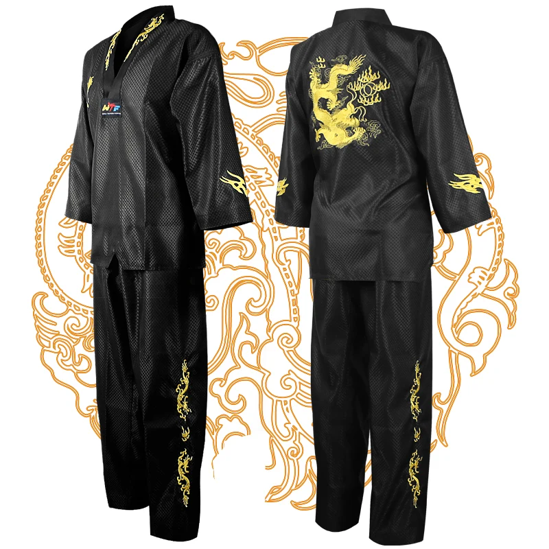 High Quality Taekwondo Uniform Black WT Dobok Tae Kwon Do MMA Martial Arts Karate Suits Embroidered Dragon Pattern