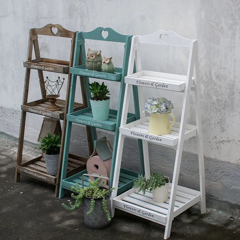 Installation-free American Retro Multi-layer Solid Wood Green Plants Ladder Flower Stand Balcony Floor Type Ladder Plant