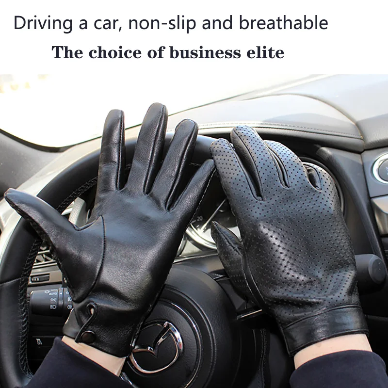 Summer Leather Driving Gloves Men\'s Sheepskin Touch Screen 2021 New Eyelet Breathable Thin Motorcycle Riding Driver Gloves