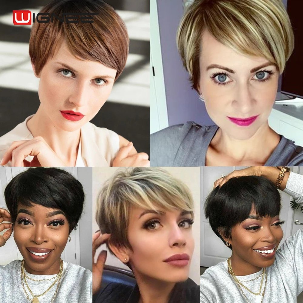 Wignee Short Straight Hair Human Wig With Free Bangs for Black Women 150% Density Ombre Brown Machine Natural Soft Hair Full Wig