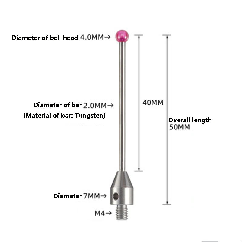 Ruby ball Probe Three Coordinate Measuring Needle M4 Thread Extension Rod L50mm Lever Thread Tungsten Steel Measurement CMM