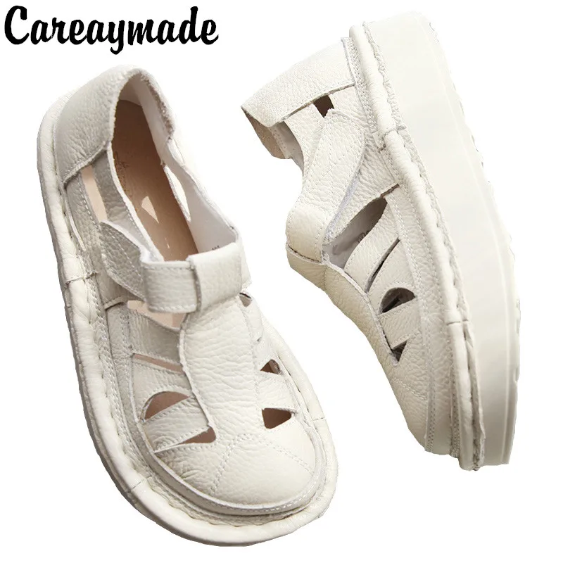 Careaymade-Genuine leather sandals,hollow breathable summer shoes, loose cake bottom,big head women's shoes ,student shoes