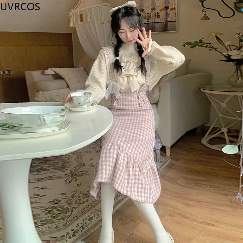 Winter sweet Lolita pink Plaid Strap Dress women Japanese Kawaii Bow Slim Party dresses Female Korean Fashion y2k birthday Dress