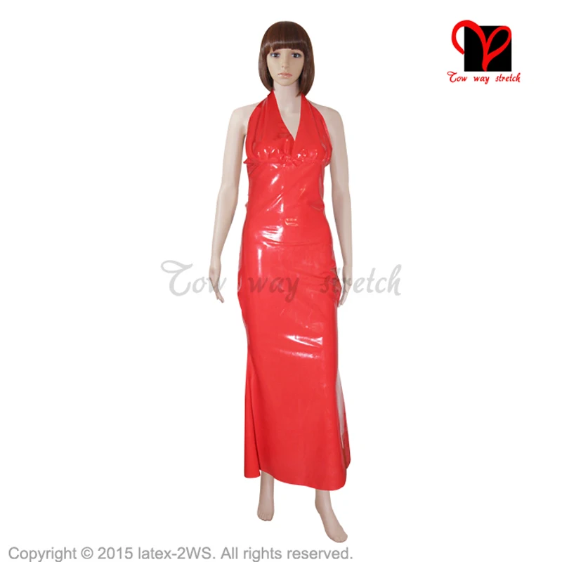 

Sexy Red Latex gown Rubber Dress Gummi Playsuit Bodycon Long Halter V neck tail Sheath fishtail flare swing XXL plus size QZ-006