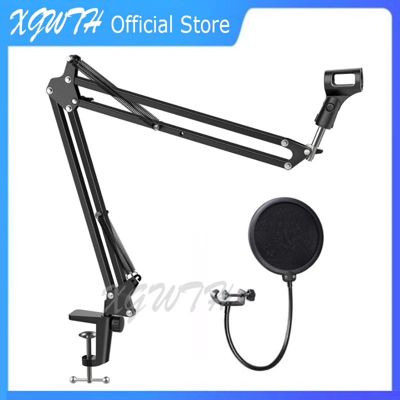 Adjustable Microphone Stand Extendable Suspension Boom Scissor Arm Stand with Universal Shock Mount Dual Layered Mic Pop Filter