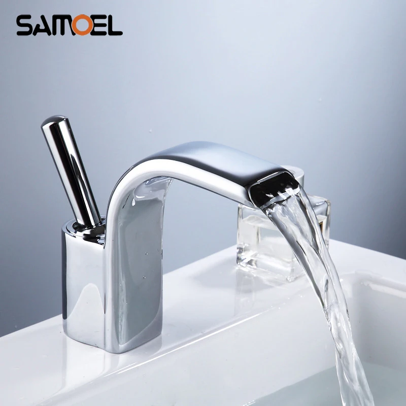 

Fashion Deck Mount Brass Waterfall Basin Faucet Mixers Chrome Single Handle Bathroom Sink Cold Hot Water Tap 1217C