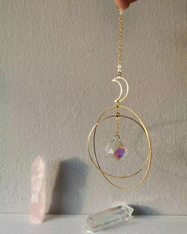 Moon Sun Catcher,moon and Hoops+ Rainbow Crystal,Crystal Hanging,Car Prism,Crystal Suncatcher,Rearview Mirror Decor, Rainbows