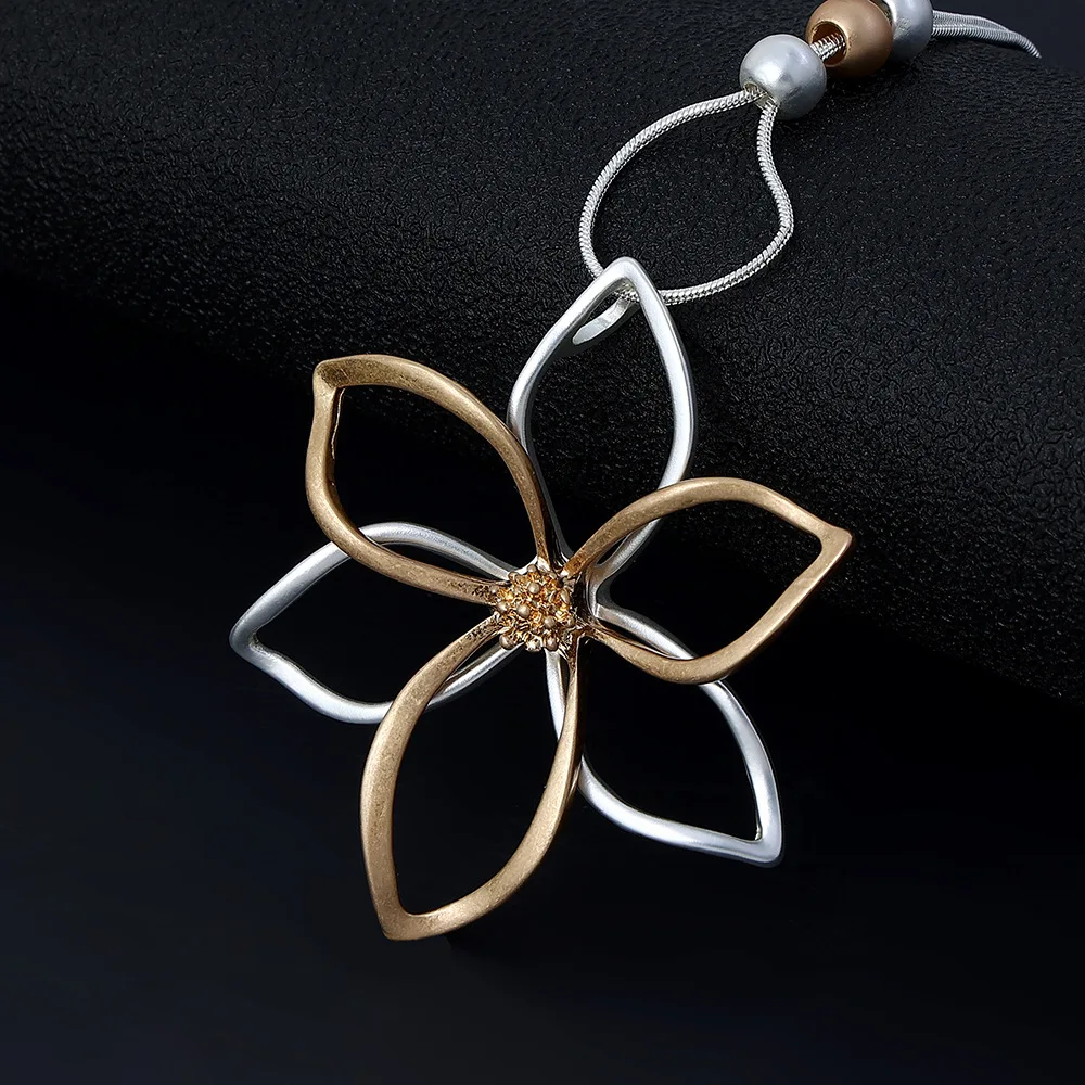 1 Piece Large Flower Metal Pendant Long Necklace Collier Femme Sweater Chain Necklace For Women
