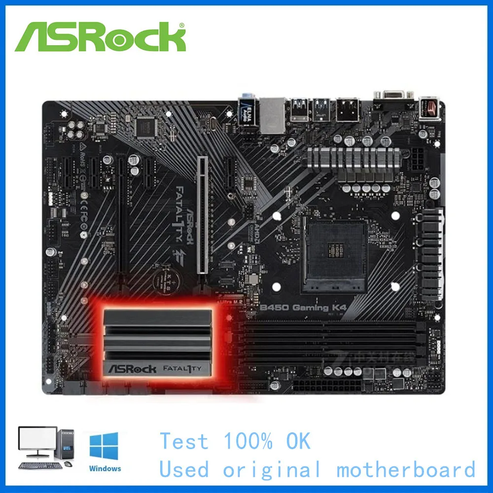 For ASRock Fatal1ty B450 Gaming K4 Computer USB3.0 M.2 Nvme SSD Motherboard AM4 DDR4 B450 Desktop Mainboard Used