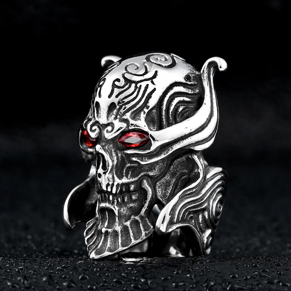 BEIER Cool Big Punk Stainless Steel Unique War Skull Head Ring  For Man With red eye High Quality BR8-336