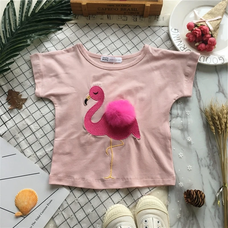 

Tonytaobaby Summer New Baby Girl Pink Flamingo Cotton Short Sleeve T-shirt Three-dimensional Wool Ball