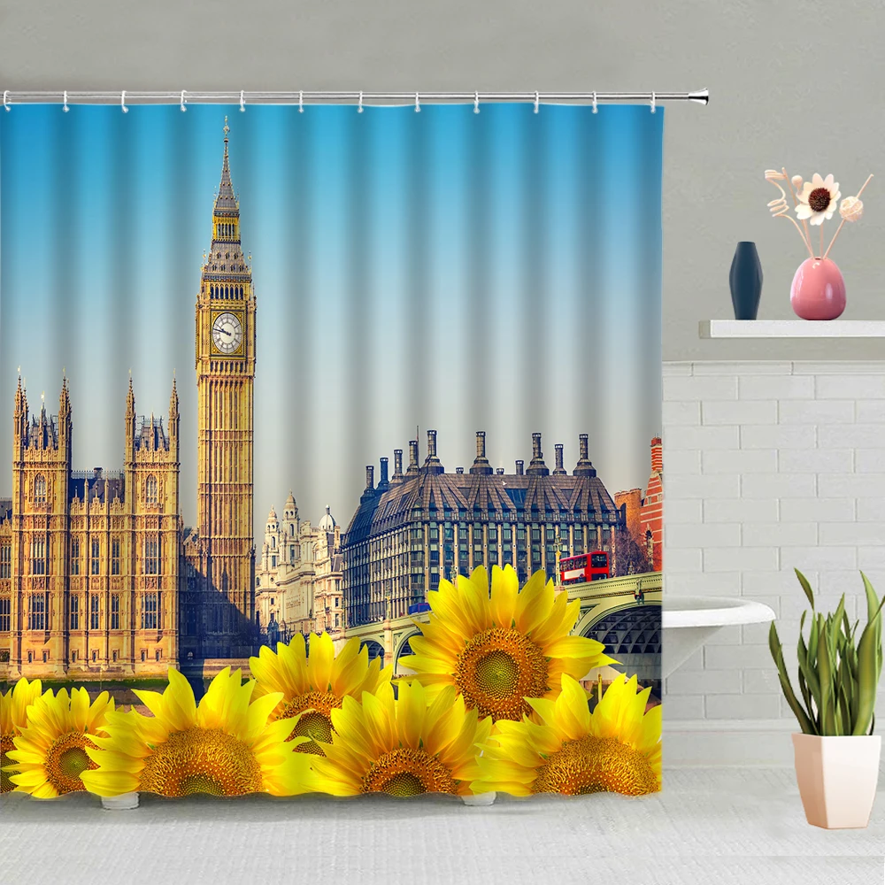 London Big Ben Shower Curtain World Architecture Roman Column Castle House Bathroom Decor Sunflower Flower Curtains Bath Screen