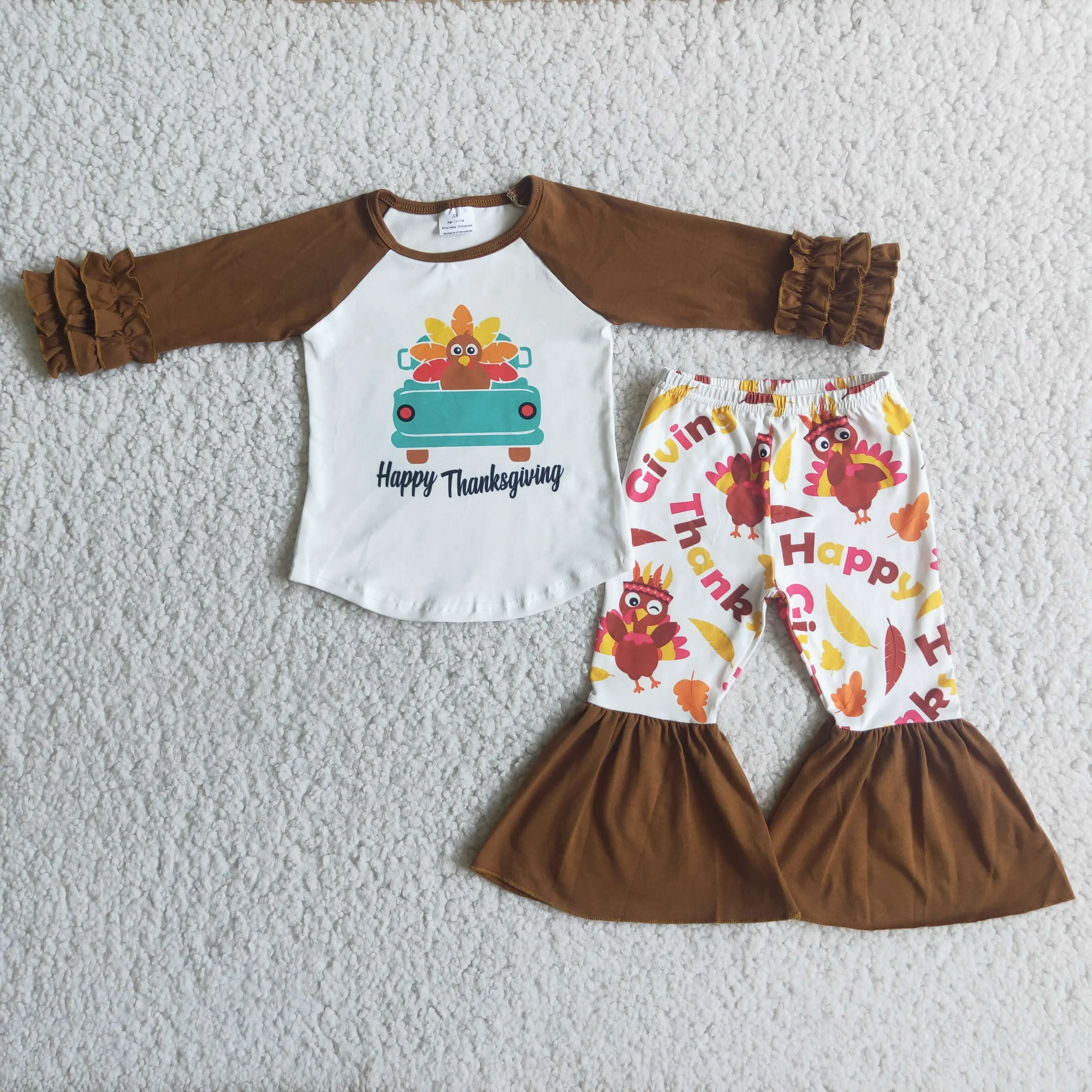 

Happy Thanksgiving Day Baby Girls Wear Outfits Designer Brown Turkey Tops and Bell Bottoms Sets Boutique Fall Outfits